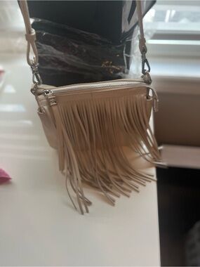 Beige Fringe Leather Crossbody Bag with Adjustable Strap